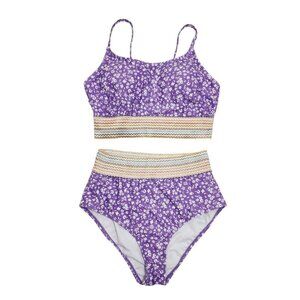 Purple Floral High Waist Bikini Set Swimsuit Striped Band Size L